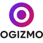 OGIZMO logo featuring a bold white "O" in the center of a circular gradient icon, blending purple and magenta, above modern black text.