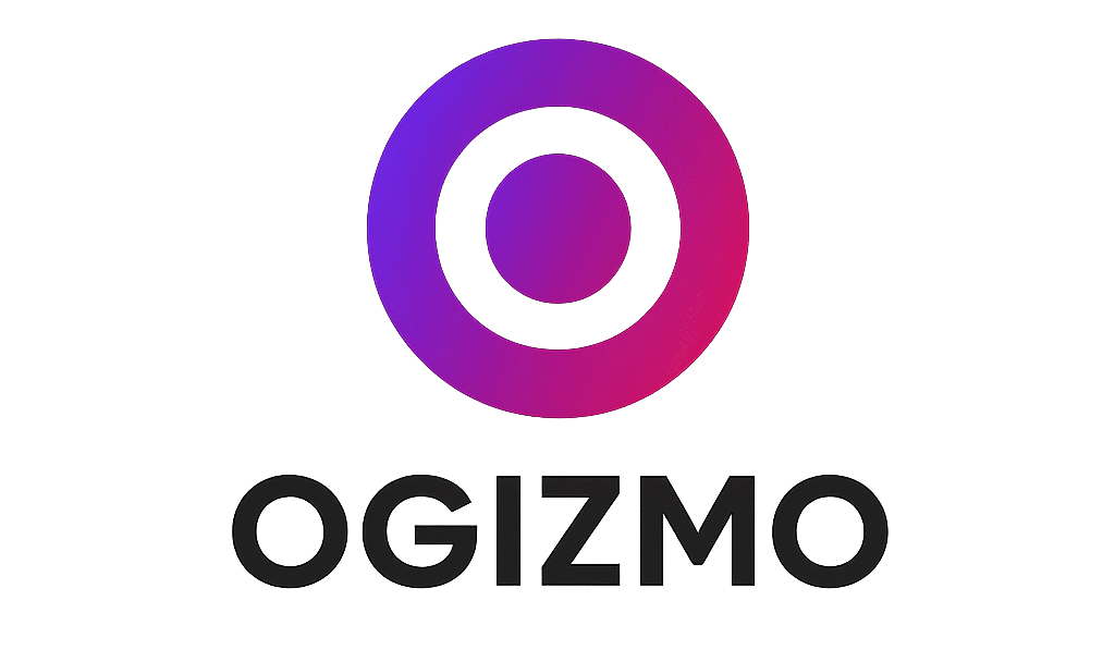 OGIZMO logo featuring a bold white "O" in the center of a circular gradient icon, blending purple and magenta, above modern black text.